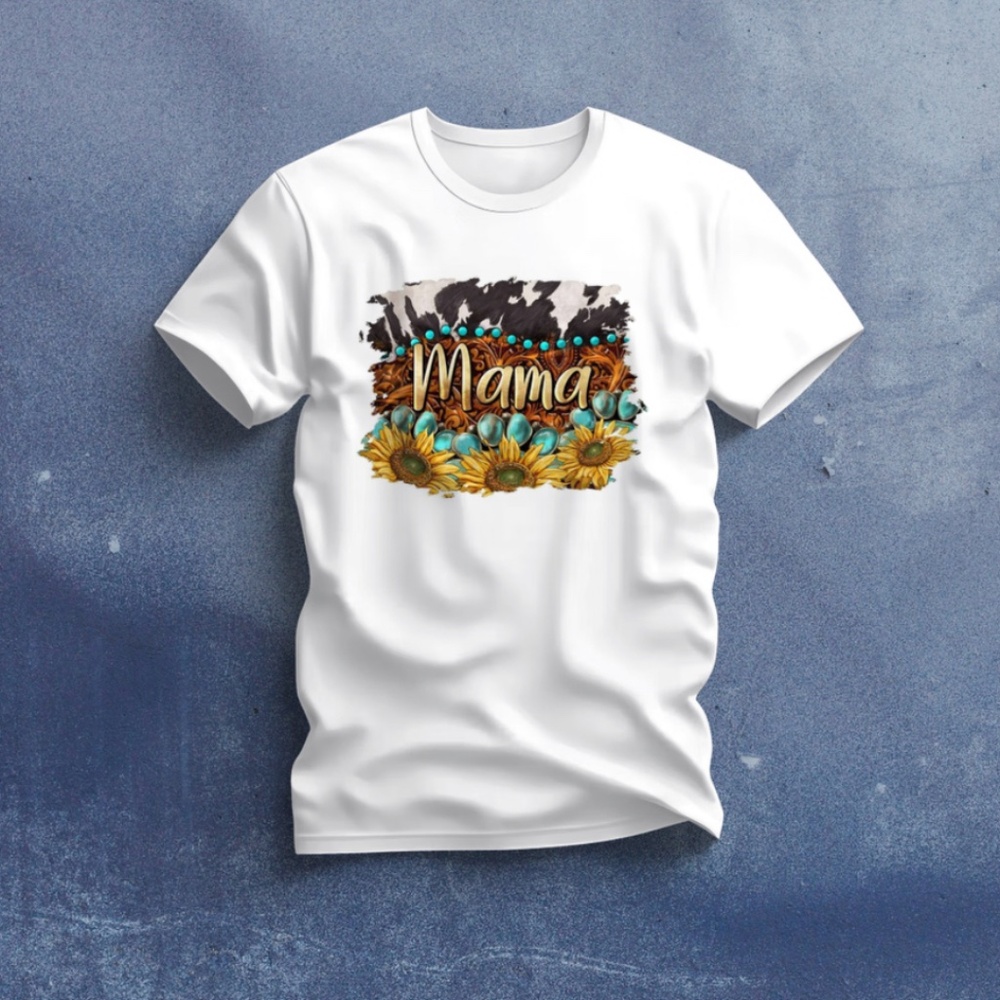 Mama T-shirt with Cow Print and Sunflowers